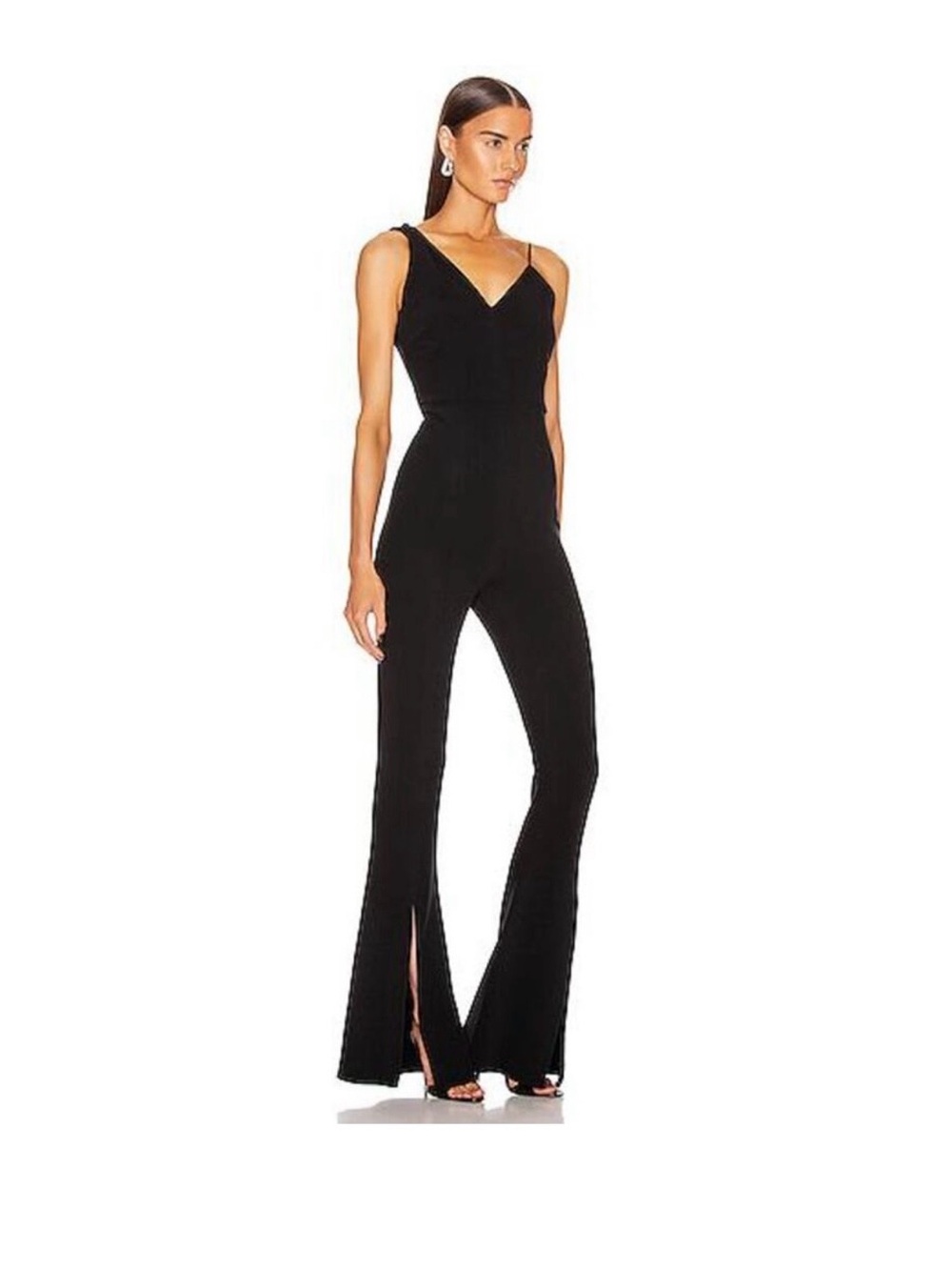 CUSHNIE $1695 Black Plunging Split Flare Jumpsuit Silk Lined XS US 2